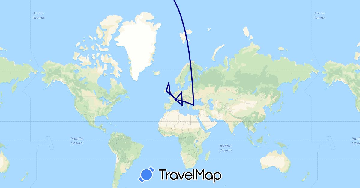 TravelMap itinerary: driving in Switzerland, Germany, France, United Kingdom, Ireland, Italy, Turkey (Asia, Europe)